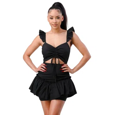 Fashnzfab Sweetheart With Drawstring Bow Cutout Ruffled Flutter Sleeves Mini Dress In Black