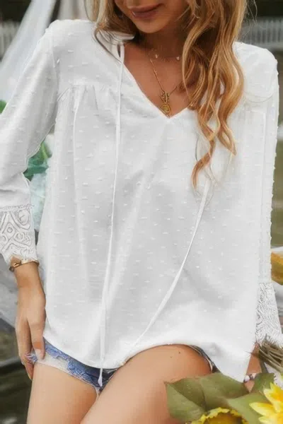 Fashnzfab Swiss Dot Lace Splicing Sleeve V Neck Blouse