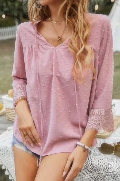 Fashnzfab Swiss Dot Lace Splicing Sleeve V Neck Blouse