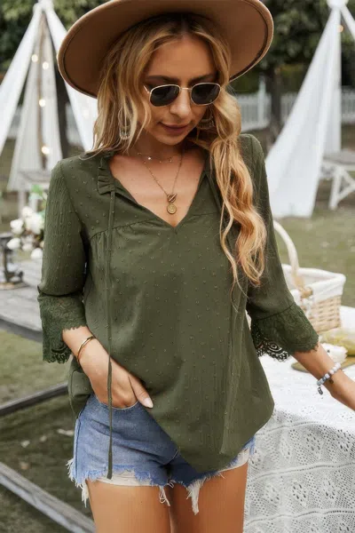 Fashnzfab Swiss Dot Lace Splicing Sleeve V Neck Blouse