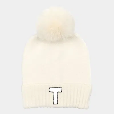 Fashnzfab -t- Initial Monogram Faux Fur Pom Pom Knit Beanie Hat In Beige