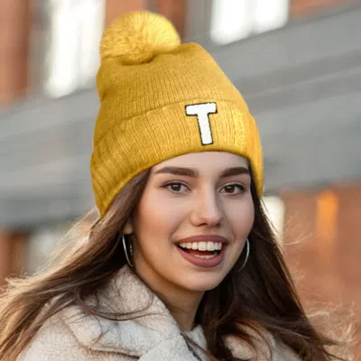 Fashnzfab -t- Initial Monogram Faux Fur Pom Pom Knit Beanie Hat In Gold