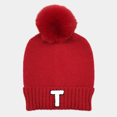 Fashnzfab -t- Initial Monogram Faux Fur Pom Pom Knit Beanie Hat In Red