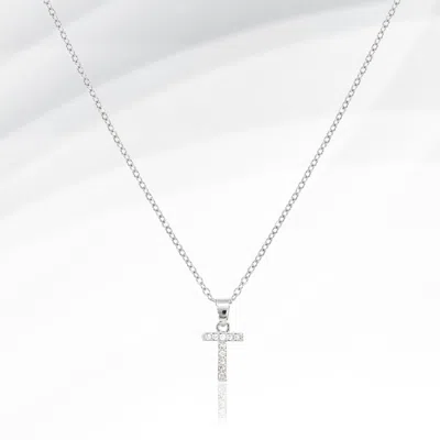 Fashnzfab -t- Stainless Steel Cz Stone Paved Initial Monogram Pendant Necklace In Silver