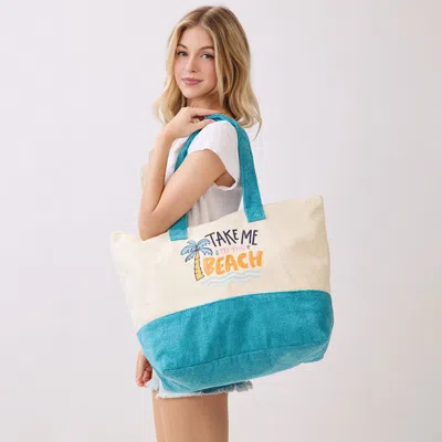 Fashnzfab Take Me To The Beach Message Palm Tree Graphic Printed Terry Tote Bag In Blue