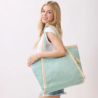 Fashnzfab Tassel Accent Two Tone Woven Straw Tote Bag In Green