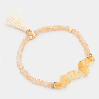 Fashnzfab Tassel Charm Natural Stone Beaded Stretch Bracelet Gold