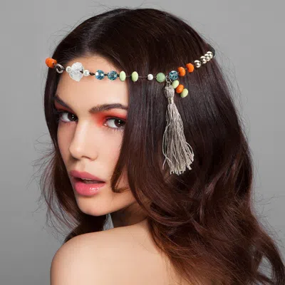 Fashnzfab Tassel Drop Boho Beaded Stretch Headband In Multi