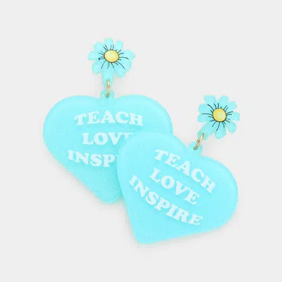 Fashnzfab Teach Love Inspire Message Glittered Flower Heart Link Dangle Earrings - Light Blue