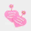 Fashnzfab Teach Love Inspire Message Glittered Flower Heart Link Dangle Earrings - Pink In Pink
