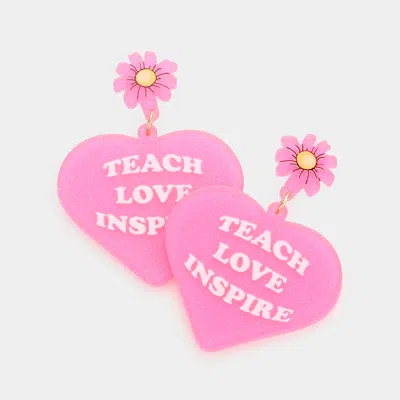 Fashnzfab Teach Love Inspire Message Glittered Flower Heart Link Dangle Earrings - Pink