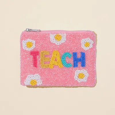 Fashnzfab Teach Message Floral Pattern Seed Beaded Mini Pouch Bag In Pink