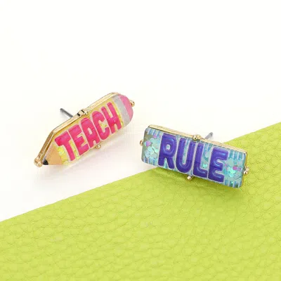 Fashnzfab Teach Rule Message Hypoallergenic Stud Earrings In Multi