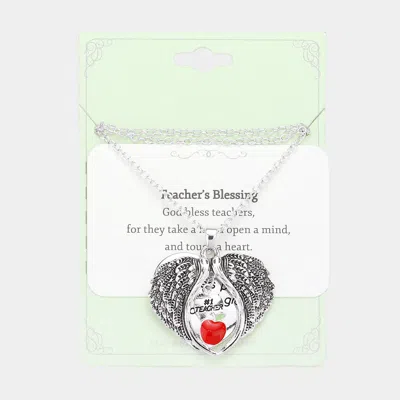 Fashnzfab Teacher's Blessing No.1 Teacher Message Enamel Apple Pointed Angel Wings Pendant Necklace In Green