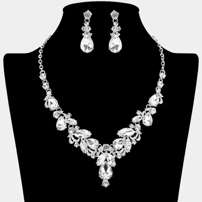 Fashnzfab Teardrop Accent Ornate Marquise Stone Cluster Embellished Rhinestone Necklace In Metallic