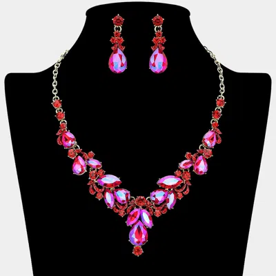 Fashnzfab Teardrop Accent Ornate Marquise Stone Cluster Embellished Rhinestone Necklace In Pink