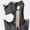 Fashnzfab Teardrop Accented Rhinestone Fringe Dangle Evening Earrings - Ab, Gold In Metallic