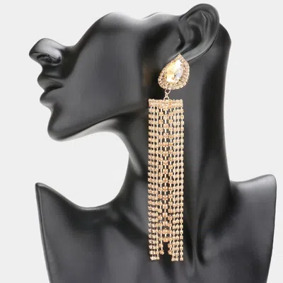 Fashnzfab Teardrop Accented Rhinestone Fringe Dangle Evening Earrings - Lt Col Topaz In Gold