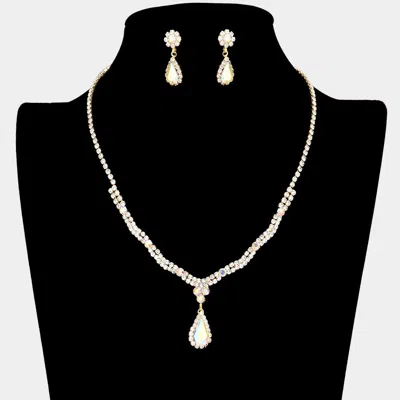 Fashnzfab Teardrop Accented Rhinestone Necklace - Ab, Gold In Metallic