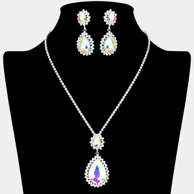 Fashnzfab Teardrop Accented Rhinestone Necklace In Silver