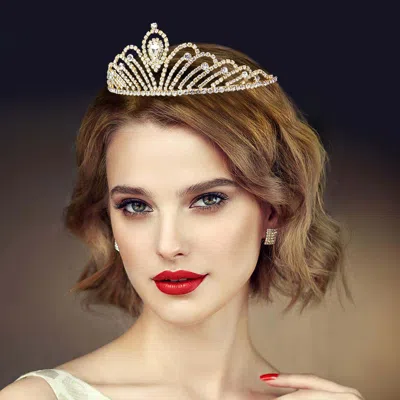 Fashnzfab Teardrop Accented Royal Crystal Rhinestone Tiara In Gold
