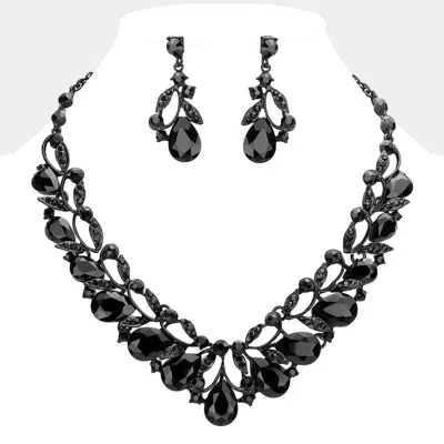 Fashnzfab Teardrop Accented Stone Embellished Leaf Evening Necklace In Black