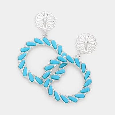 Fashnzfab Teardrop Bead Embellished Open Circle Dangle Earrings In Blue