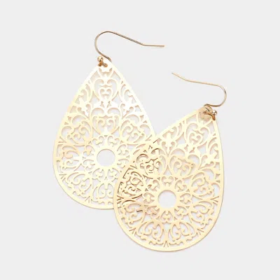 Fashnzfab Teardrop Brass Metal Filigree Dangle Earrings - Gold