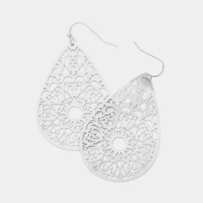 Fashnzfab Teardrop Brass Metal Filigree Dangle Earrings - Matte Silver In Metallic