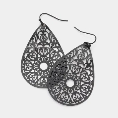 Fashnzfab Teardrop Brass Metal Filigree Dangle Earrings In Black