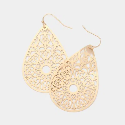 Fashnzfab Teardrop Brass Metal Filigree Dangle Earrings - Matte Gold