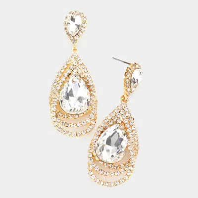 Fashnzfab Teardrop Centered Rhinestone Trimmed Dangle Evening Earrings - Gold