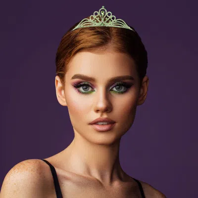 Fashnzfab Teardrop Centerpiece Rhinestone Paved Flowing Crown Princess Tiara In Green