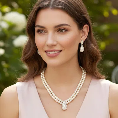 Fashnzfab Teardrop Charm Accent Double Strand Pearl Necklace In Sand