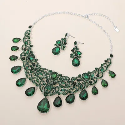 Fashnzfab Teardrop Cluster Drop Evening Necklace In Green