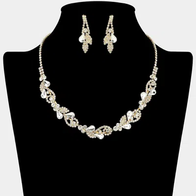 Fashnzfab Teardrop Cluster Rhinestone Paved Leaf Necklace - Clear, Gold