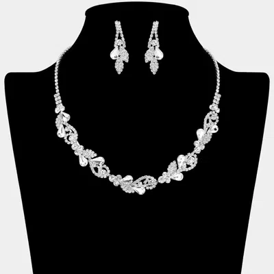 Fashnzfab Teardrop Cluster Rhinestone Paved Leaf Necklace - Clear, Silver