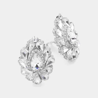 Fashnzfab Teardrop Crystal Cluster Clip On Evening Earrings In Silver