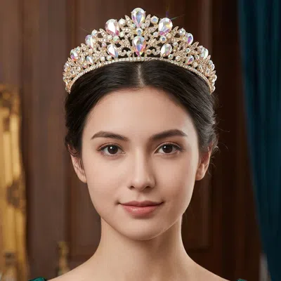 Fashnzfab Teardrop Crystal Cluster Embellished Princess Tiara In Gold