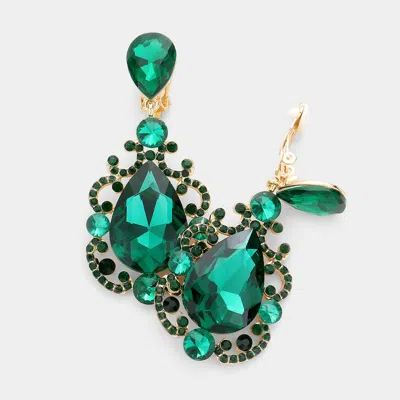 Fashnzfab Teardrop Crystal Dangle Evening Clip On Earrings 1.25" X 2.75" In Green
