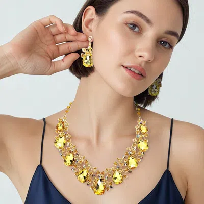 Fashnzfab Teardrop Crystal Rhinestone Floral Vine Evening Necklace In Gold
