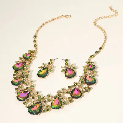 Fashnzfab Teardrop Crystal Rhinestone Floral Vine Evening Necklace In Gold