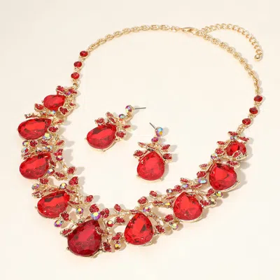 Fashnzfab Teardrop Crystal Rhinestone Floral Vine Evening Necklace In Red