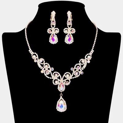 Fashnzfab Teardrop Crystal Rhinestone Vine Drop Collar Necklace Clip On Earring Set - Ab, Gold In Multi