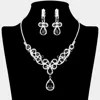 Fashnzfab Teardrop Crystal Rhinestone Vine Drop Collar Necklace Clip On Earring Set In Silver