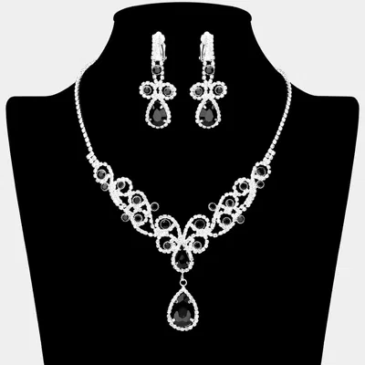 Fashnzfab Teardrop Crystal Rhinestone Vine Drop Collar Necklace Clip On Earring Set In Silver