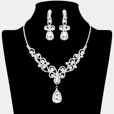 Fashnzfab Teardrop Crystal Rhinestone Vine Drop Collar Necklace Clip On Earring Set In White