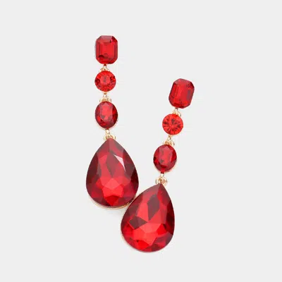 Fashnzfab Triple Glass Crystal Teardrop Evening Earrings In Red