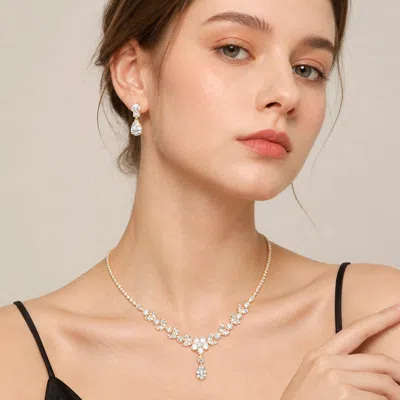 Fashnzfab Teardrop Cz Drop Floral Rhinestone Pave Necklace In Silver