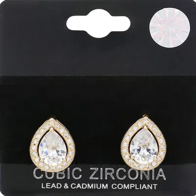 Fashnzfab Teardrop Cz Halo Stud Earrings In Gold